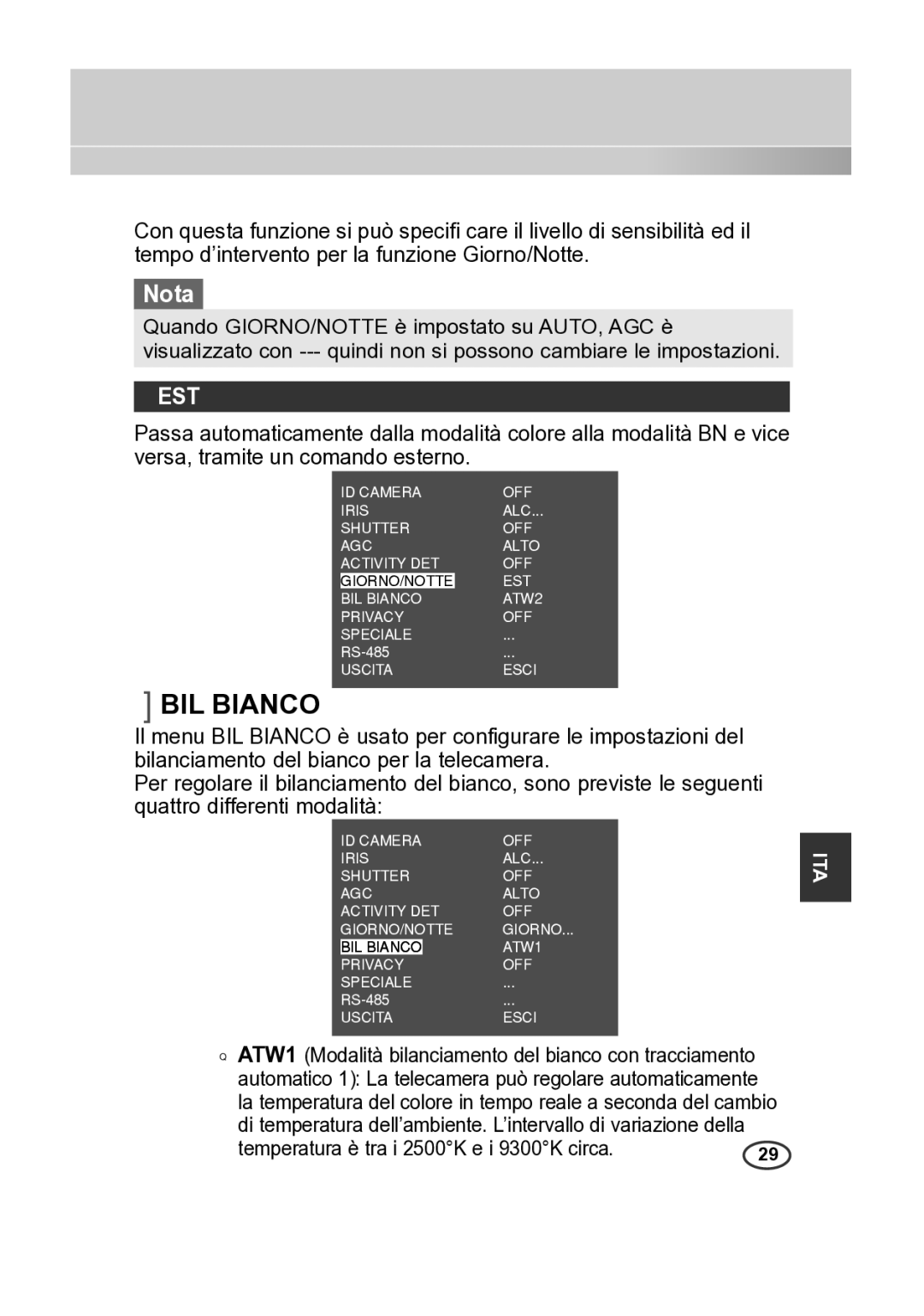 Samsung SCC-B2315P, SCC-B2015P manual BIL Bianco, Est, Temperatura è tra i 2500K e i 9300K circa 