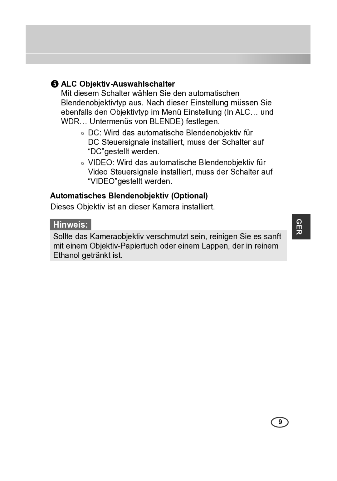 Samsung SCC-B2315P, SCC-B2015P manual ALC Objektiv-Auswahlschalter, Automatisches Blendenobjektiv Optional 