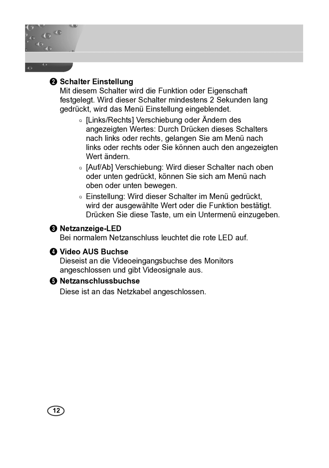 Samsung SCC-B2015P, SCC-B2315P manual Schalter Einstellung, Netzanzeige-LED, Video AUS Buchse, Netzanschlussbuchse 