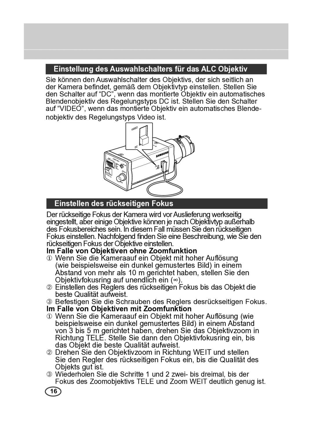 Samsung SCC-B2015P, SCC-B2315P Einstellung des Auswahlschalters für das ALC Objektiv, Einstellen des rückseitigen Fokus 