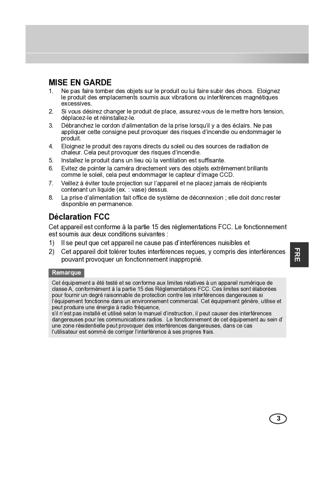 Samsung SCC-B2315P, SCC-B2015P manual Mise EN Garde 