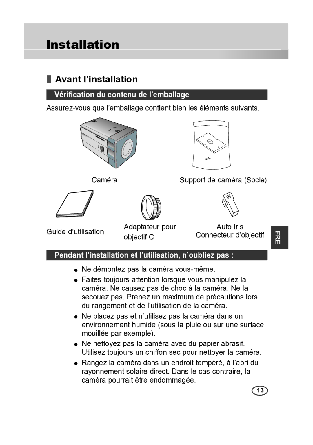 Samsung SCC-B2315P, SCC-B2015P manual Avant l’installation, Vériﬁcation du contenu de l’emballage 