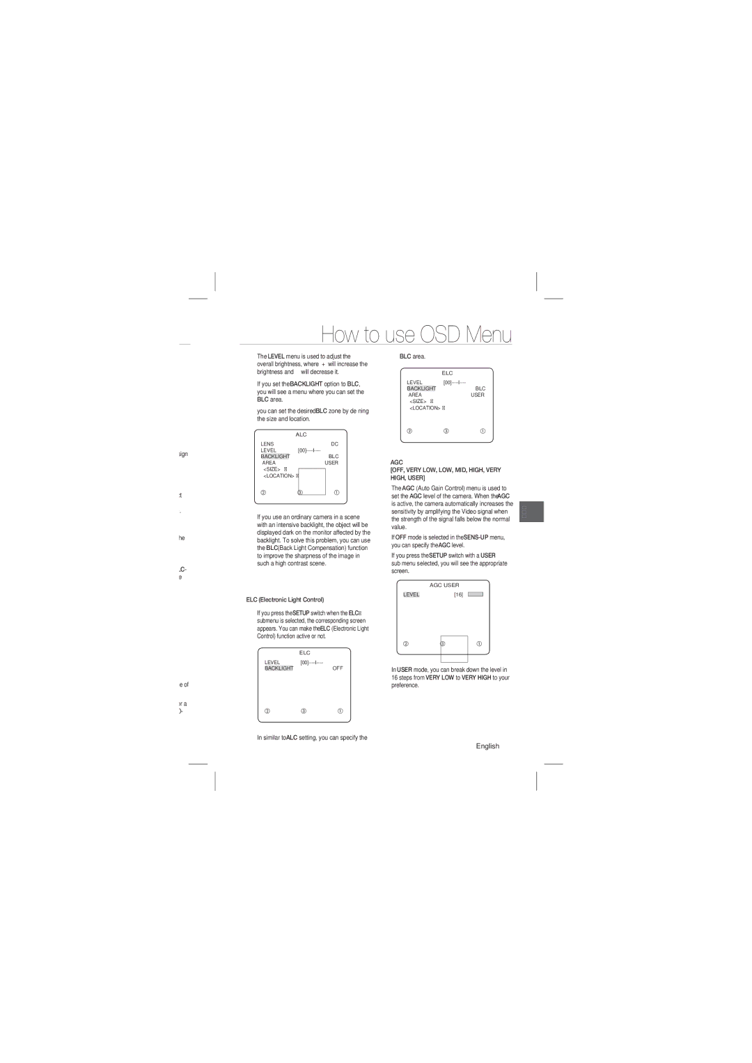 Samsung SCC-B2031P, SCC-B2331P user manual AGC OFF, Very LOW, LOW, MID, HIGH, Very HIGH, User 