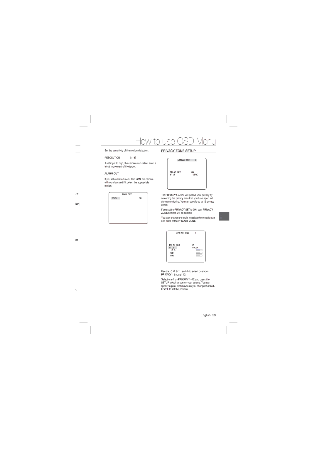 Samsung SCC-B2031P, SCC-B2331P user manual Privacy Zone Setup, Ion, Resolution, Alarm OUT 
