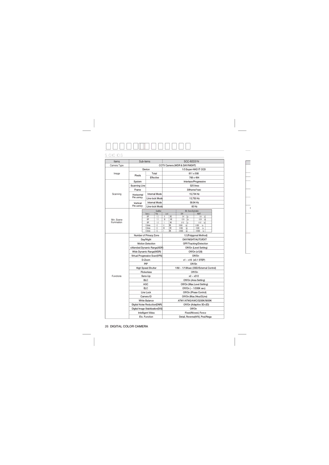 Samsung SCC-B2031P, SCC-B2331P user manual Speciﬁcations, Specifications 