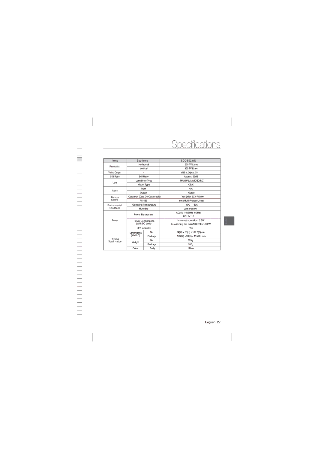 Samsung SCC-B2031P, SCC-B2331P user manual Items Sub-items SCC-B2331N 