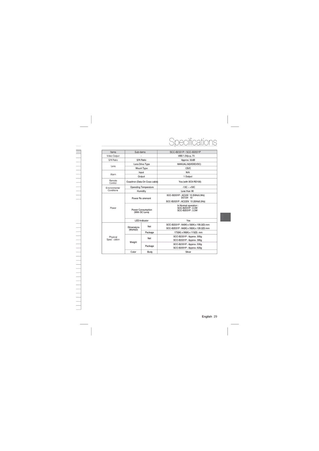 Samsung SCC-B2031P, SCC-B2331P user manual Speciﬁcations 