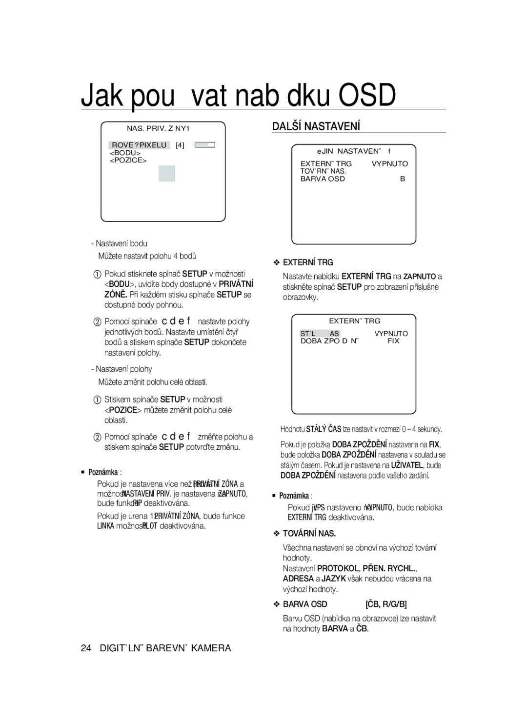 Samsung SCC-B2031BP Další Nastavení, Nastavení bodu Můžete nastavit polohu 4 bodů, Externí TRG, Tovární NAS, Barva OSD 