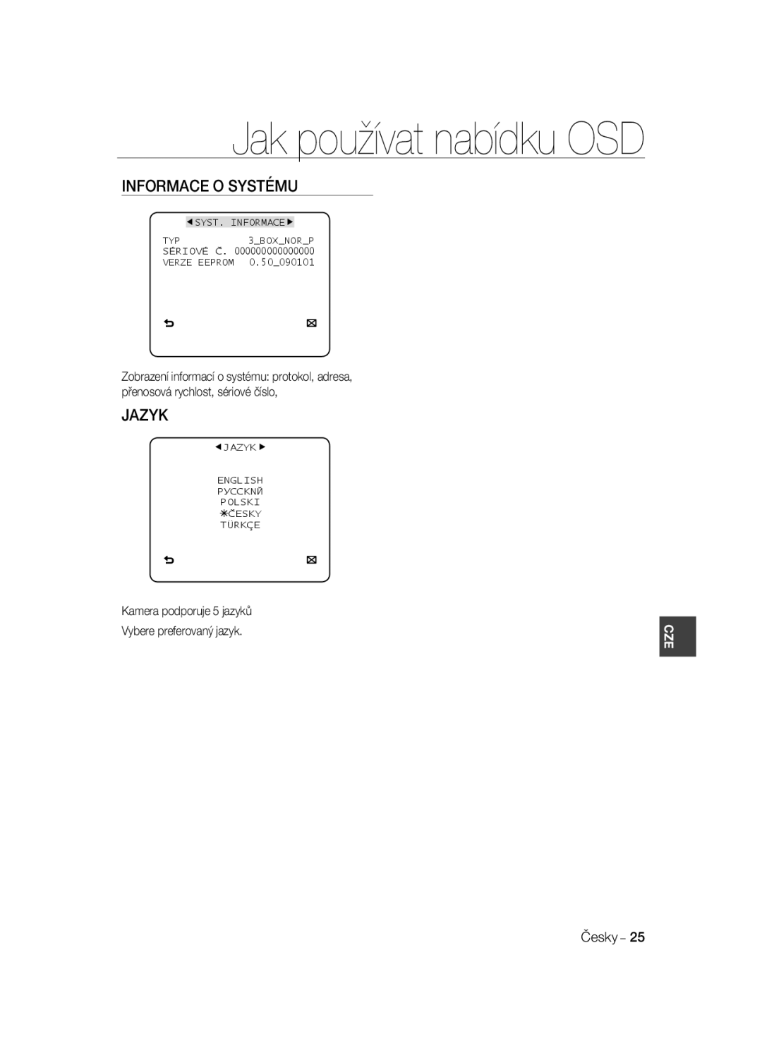 Samsung SCC-B2031P/CDM, SCC-B2331P manual Informace O Systému, Jazyk, Kamera podporuje 5 jazyků, Vybere preferovaný jazyk 