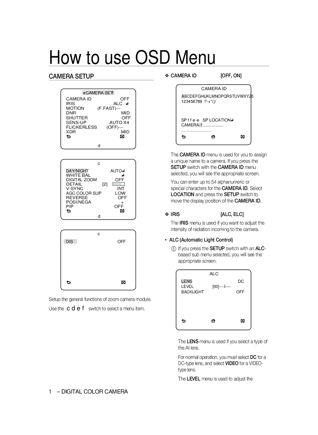 Samsung SCC-B2031P Camera Setup, Iris, Lens menu is used if you select a type of the AI lens, Level menu is used to adjust 