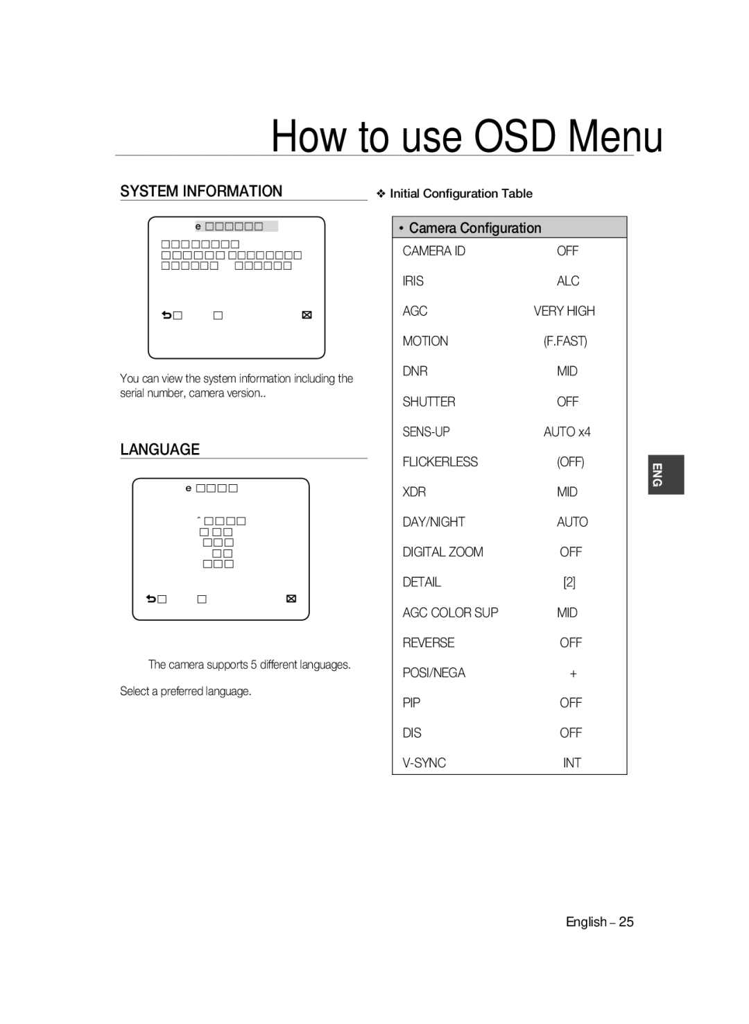 Samsung SCC-B2331BP, SCC-B2031BP, SCC-B2031P/CDM, SCC-B2331N, SCC-B2331P/CDM manual System Information, Language 