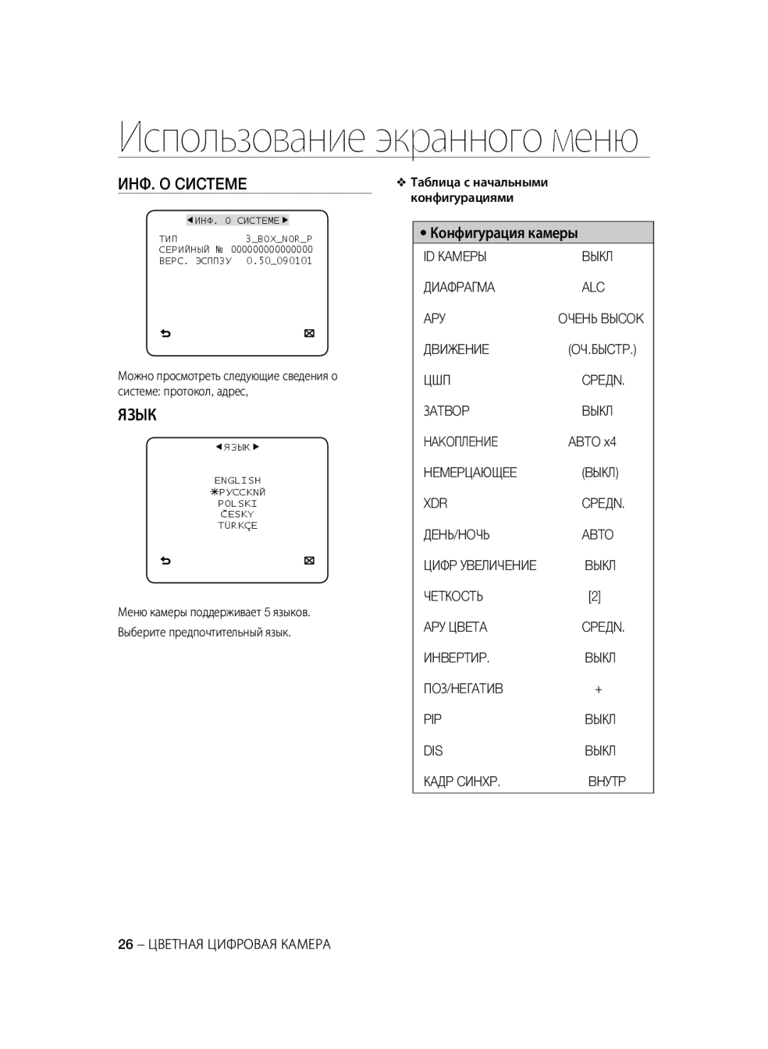 Samsung SCC-B2331BP, SCC-B2031BP, SCC-B2031P/CDM, SCC-B2331N, SCC-B2331P/CDM, SCC-B2031B/CDM manual ИHФ. O Cиcteme, Язык 