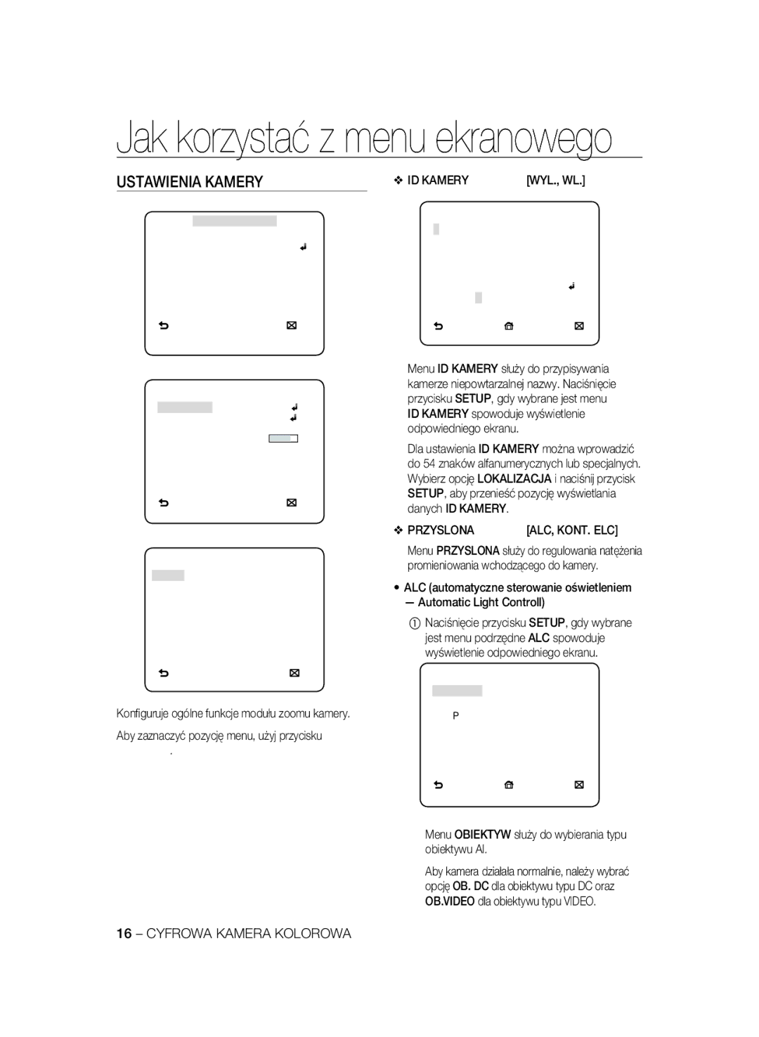 Samsung SCC-B2331N, SCC-B2031P manual Ustawienia Kamery, Aby zaznaczyć pozycję menu, użyj przycisku, Przyslona, ID Kamery 