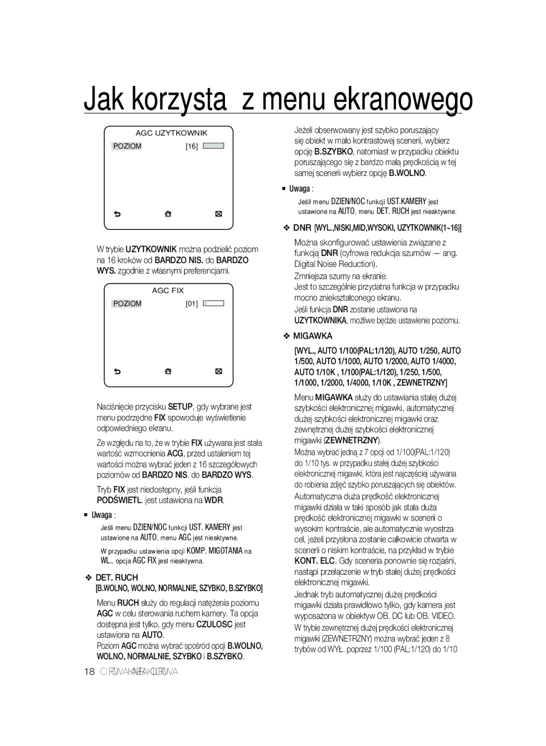 Samsung SCC-B2031B/CDM manual DET. Ruch, Zmniejsza szumy na ekranie, Migawka, DNR WYL.,NISKI,MID,WYSOKI, UZYTKOWNIK1~16 