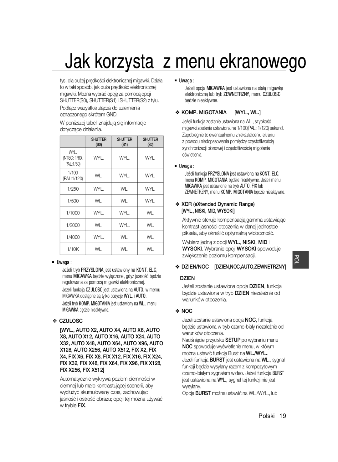 Samsung SCC-B2331P, SCC-B2331BP, SCC-B2031BP, SCC-B2031P/CDM, SCC-B2331N Czulosc, KOMP. Migotania WYL., WL, Dzien, Noc 