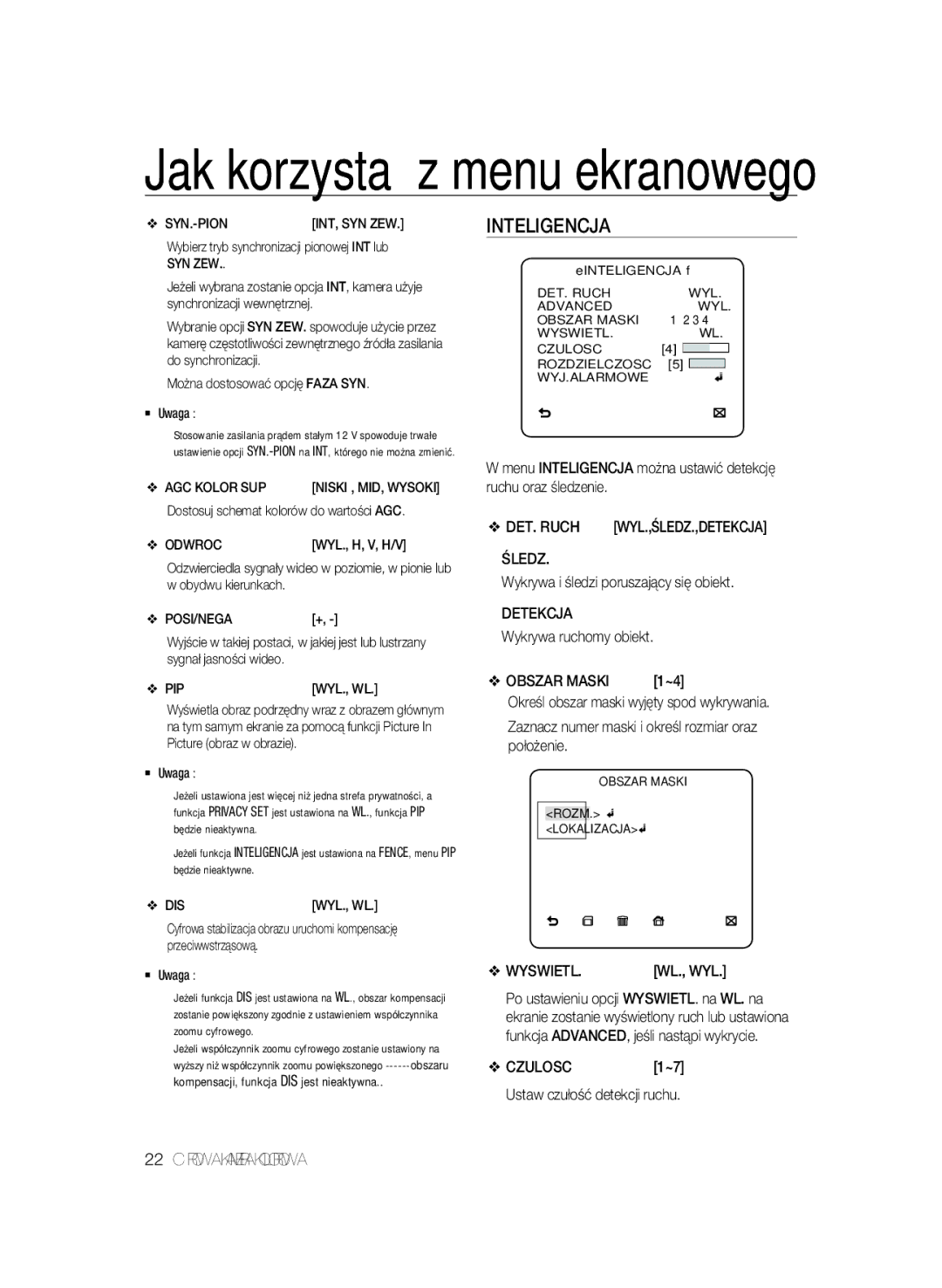 Samsung SCC-B2031BP, SCC-B2331P, SCC-B2331BP, SCC-B2031P/CDM, SCC-B2331N manual Inteligencja, Śledz, Detekcja, Wyswietl 