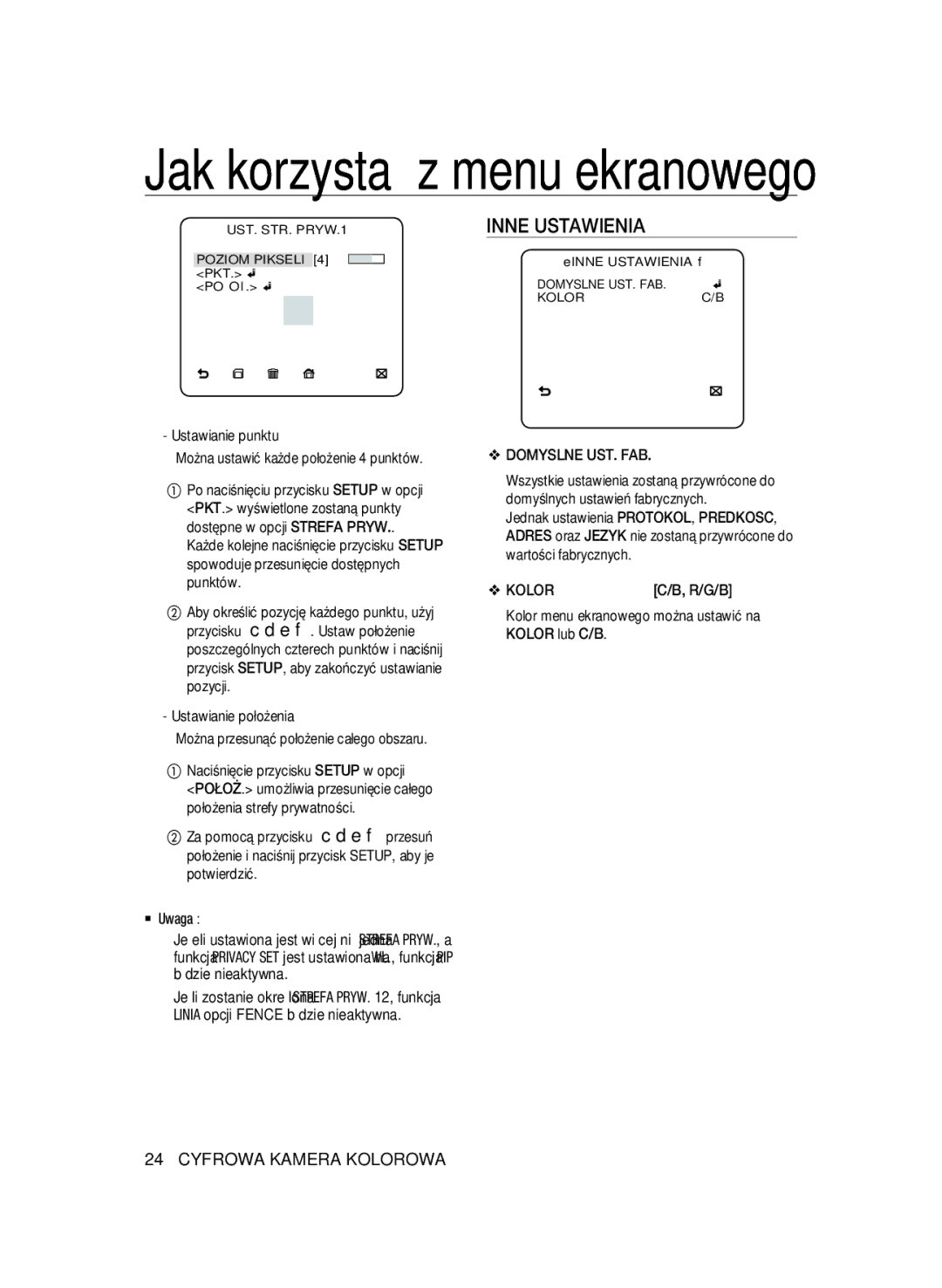 Samsung SCC-B2331N, SCC-B2331P, SCC-B2331BP, SCC-B2031BP, SCC-B2031P/CDM manual Inne Ustawienia, Domyslne UST. FAB, Kolor 