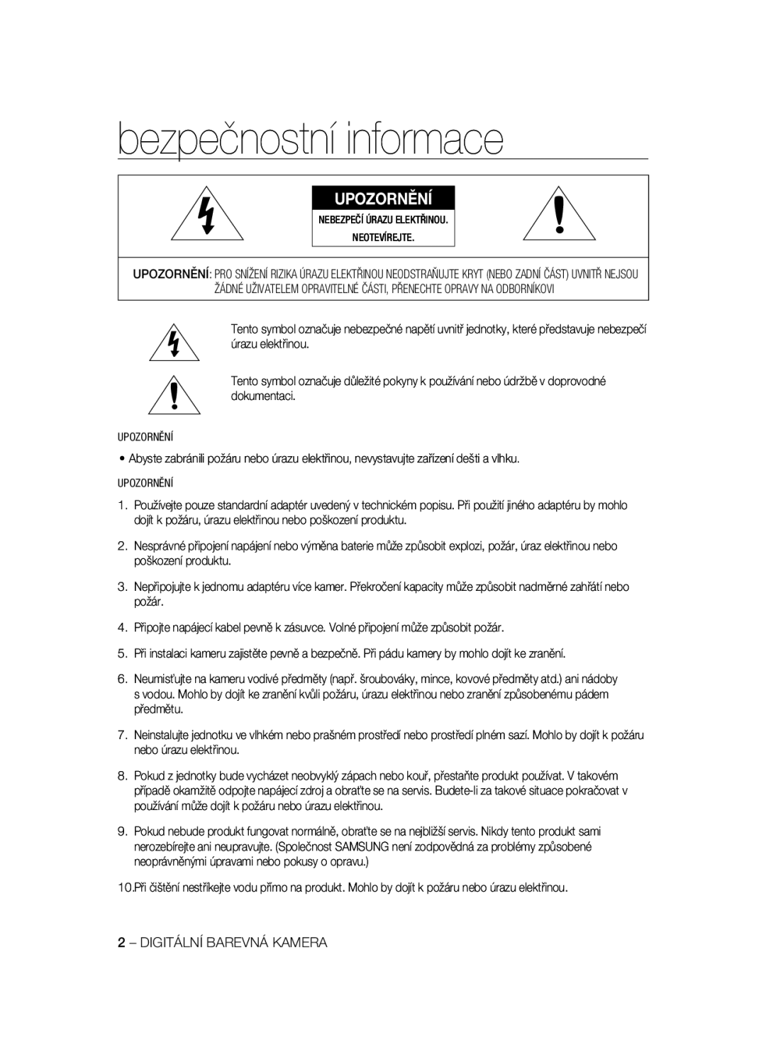 Samsung SCC-B2331N Bezpečnostní informace, Digitální Barevná Kamera, Nebezpečí Úrazu Elektřinou Neotevírejte, Upozornění 