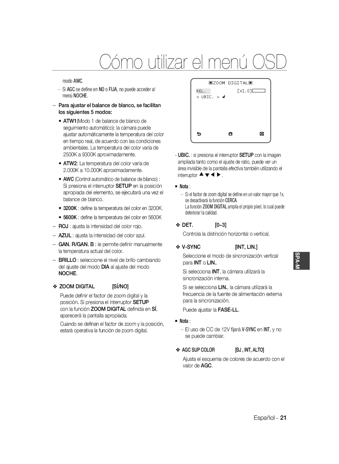 Samsung SCC-B2031P manual Noche Zoom Digital, DET.0~3 Controla la distinción horizontal o vertical Sync, AGC SUP Color 