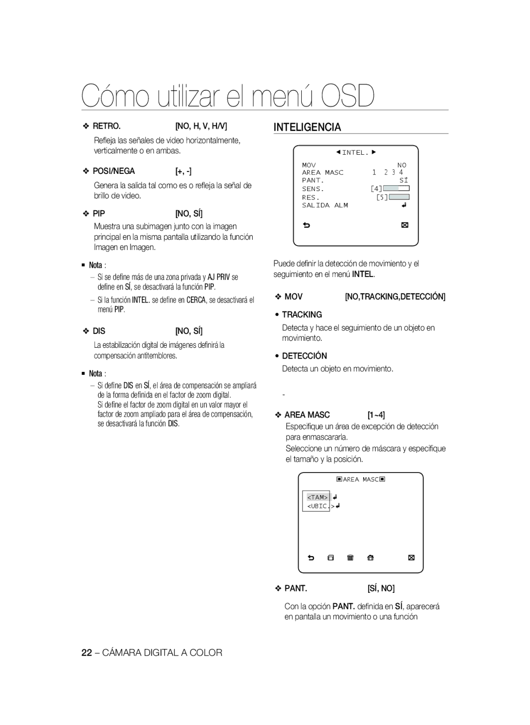 Samsung SCC-B2331P, SCC-B2031P, SCC-B2331BP, SCC-B2031BP manual Inteligencia, Retro, Detección, 22 Cámara Digital a Color 