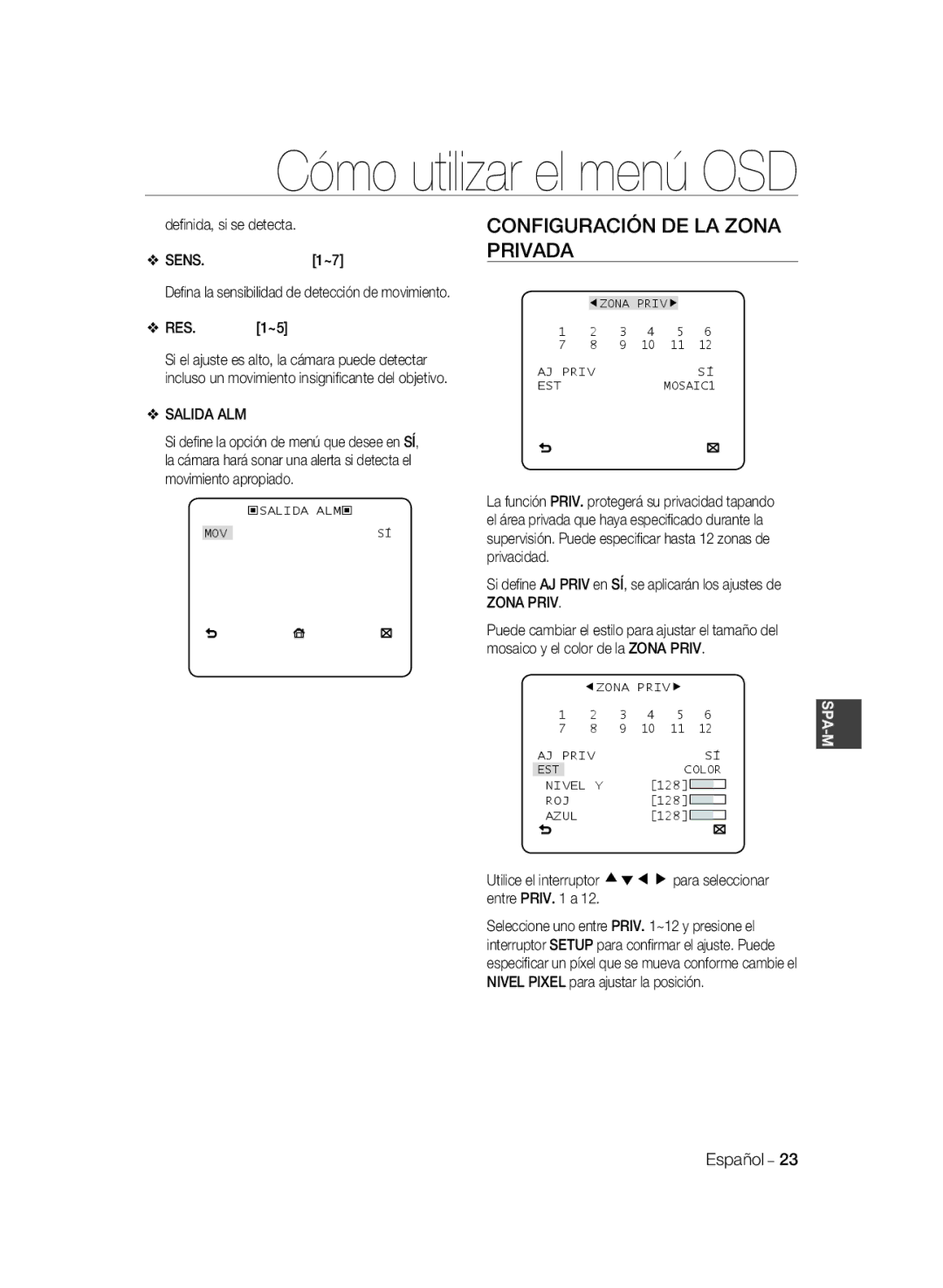 Samsung SCC-B2331BP, SCC-B2331P, SCC-B2031BP, SCC-B2031P/CDM manual Configuración DE LA Zona Privada, Sens, Salida ALM 