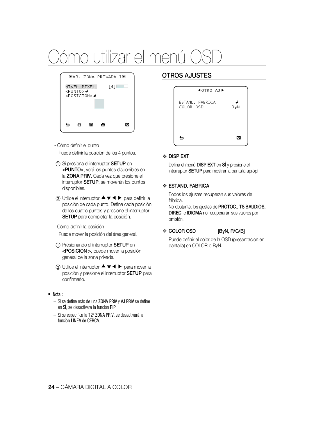 Samsung SCC-B2031BP, SCC-B2031P, SCC-B2331P Otros Ajustes, Disp EXT, ESTAND. Fabrica, Color OSD, 24 Cámara Digital a Color 