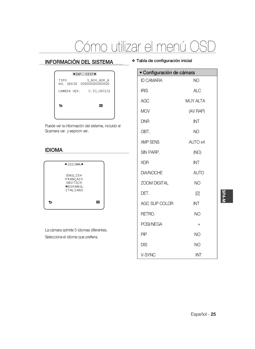 Samsung SCC-B2031P/CDM, SCC-B2331BP, SCC-B2031BP, SCC-B2331N, SCC-B2331P/CDM manual Información DEL Sistema, Idioma 