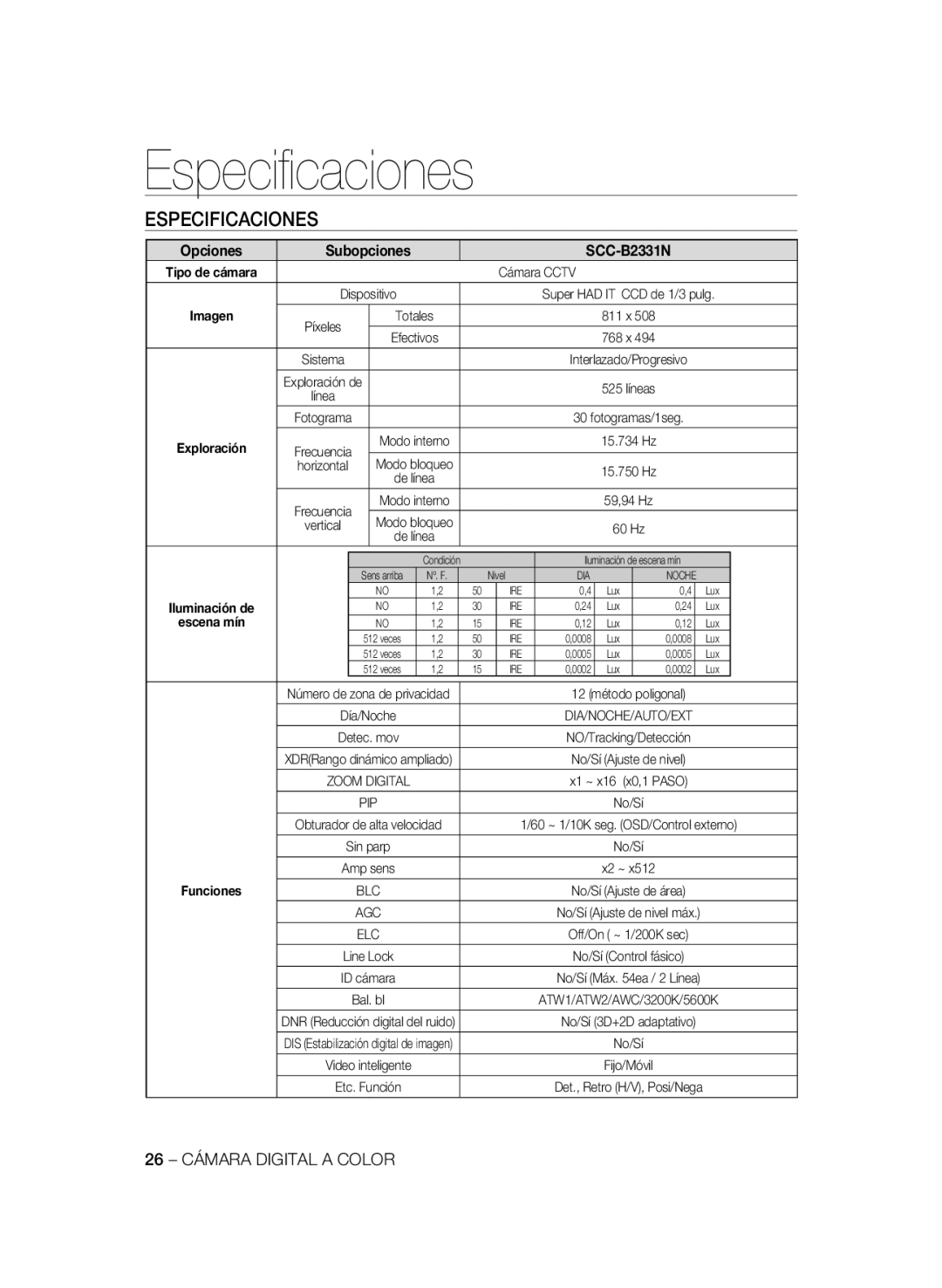 Samsung SCC-B2331N, SCC-B2031P, SCC-B2331P, SCC-B2331BP manual Especiﬁcaciones, Especificaciones, 26 Cámara Digital a Color 