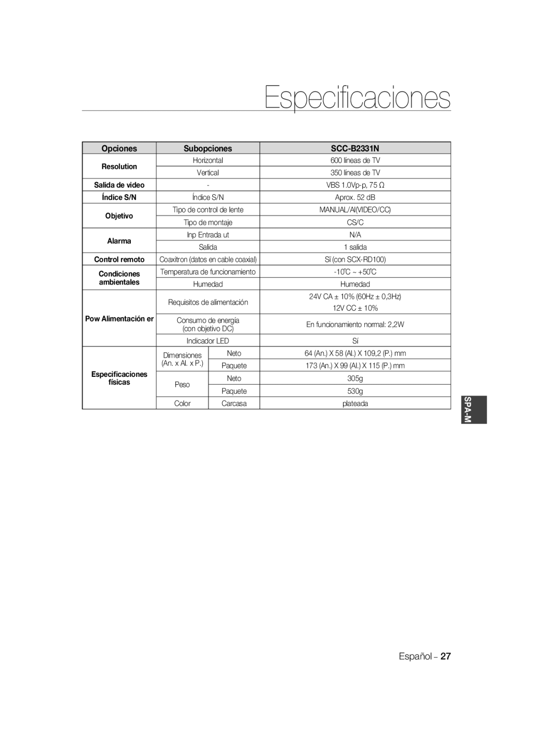 Samsung SCC-B2331P/CDM, SCC-B2331BP, SCC-B2031BP, SCC-B2031P/CDM, SCC-B2031B/CDM manual Opciones, SCC-B2331N, Ambientales 