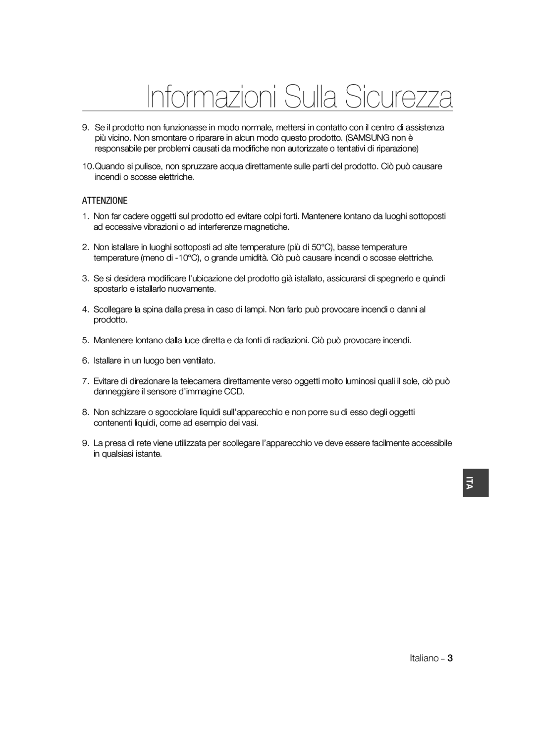 Samsung SCC-B2031P/CDM, SCC-B2331BP, SCC-B2031BP, SCC-B2331N, SCC-B2331P/CDM, SCC-B2031B/CDM manual Attenzione, Italiano 