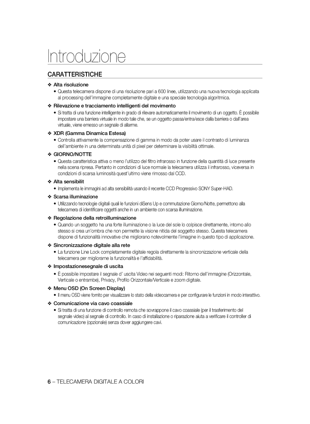 Samsung SCC-B2031B/CDM, SCC-B2031P, SCC-B2331P, SCC-B2331BP, SCC-B2031BP manual Introduzione, Caratteristiche, Giorno/Notte 