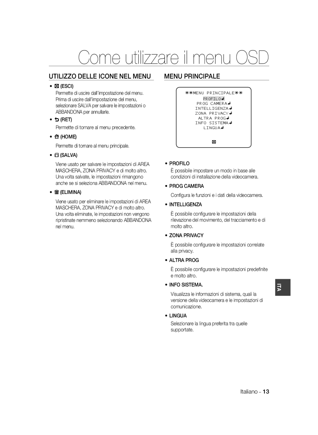 Samsung SCC-B2331P/CDM, SCC-B2331BP, SCC-B2031BP, SCC-B2031P/CDM, SCC-B2331N, SCC-B2031B/CDM manual Menu Principale 