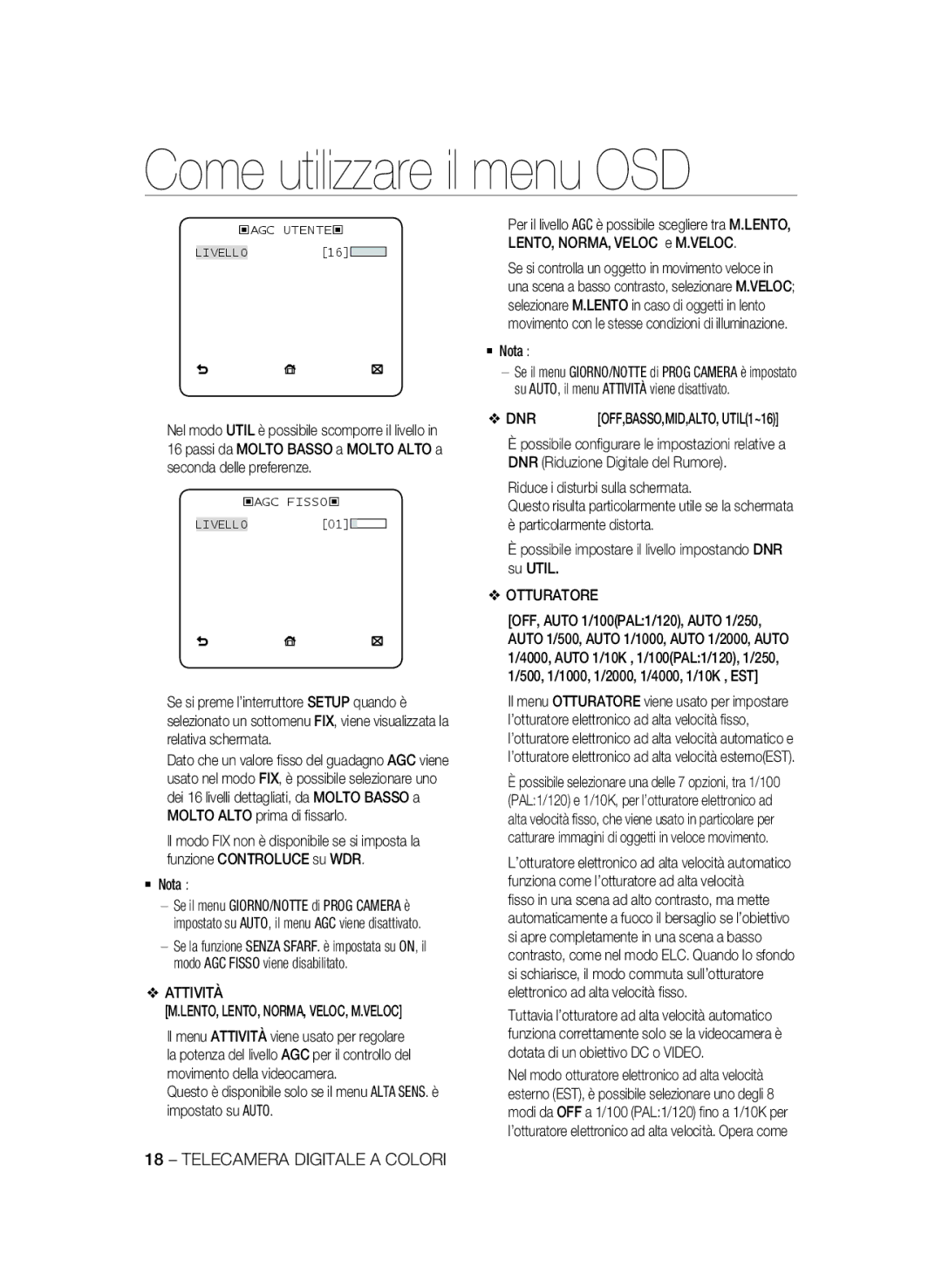 Samsung SCC-B2031BP, SCC-B2031P, SCC-B2331P, SCC-B2331BP manual Attività, Otturatore, Lento, Lento, Norma, Veloc, M.Veloc 