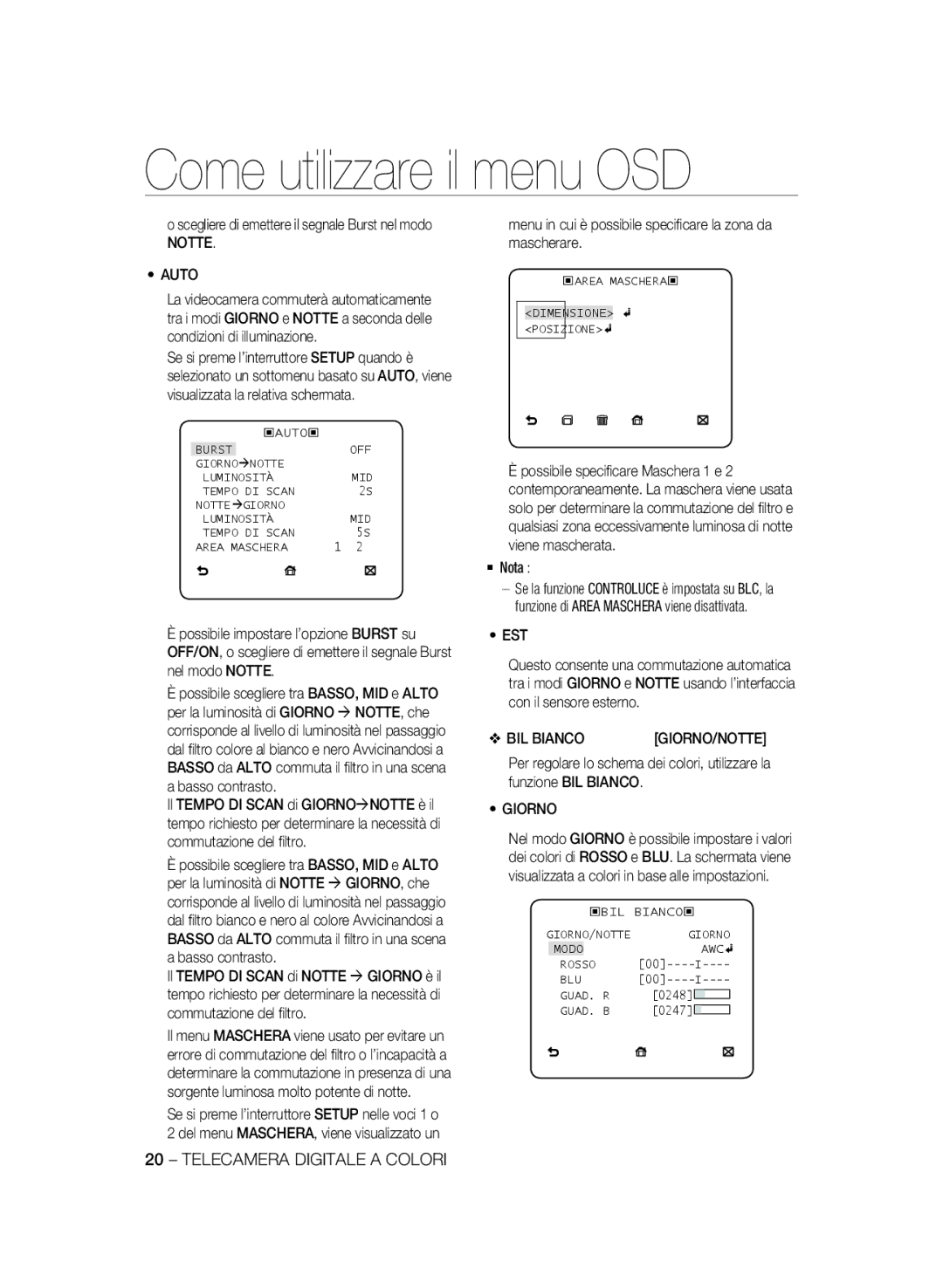 Samsung SCC-B2331N, SCC-B2031P manual Notte Auto, Menu in cui è possibile speciﬁcare la zona da mascherare, Est, BIL Bianco 