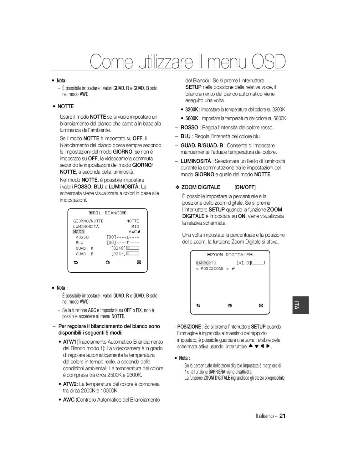 Samsung SCC-B2331P/CDM, SCC-B2031P, SCC-B2331BP, SCC-B2031BP manual Zoom Digitale, AWC Controllo Automatico del Bilanciamento 