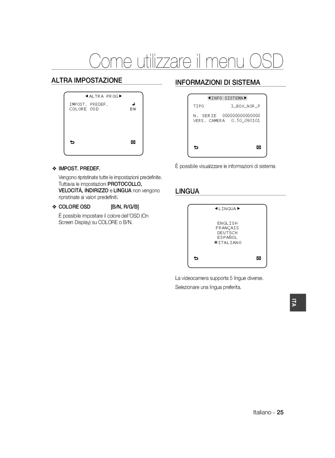 Samsung SCC-B2331BP, SCC-B2031P manual Lingua, IMPOST. Predef, Colore OSD, Possibile visualizzare le informazioni di sistema 