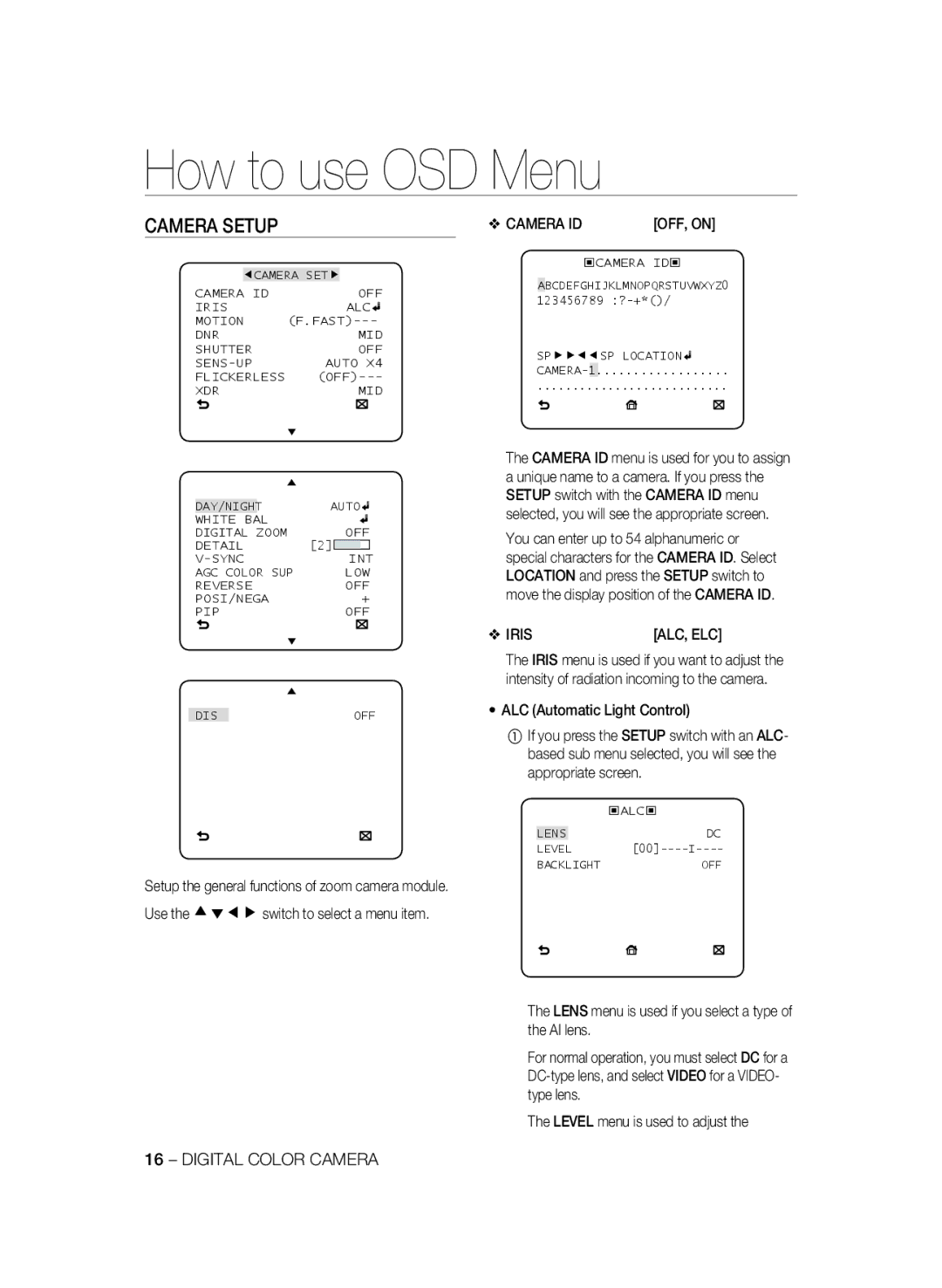 Samsung SCC-B2031P Camera Setup, Iris, Lens menu is used if you select a type of the AI lens, Level menu is used to adjust 