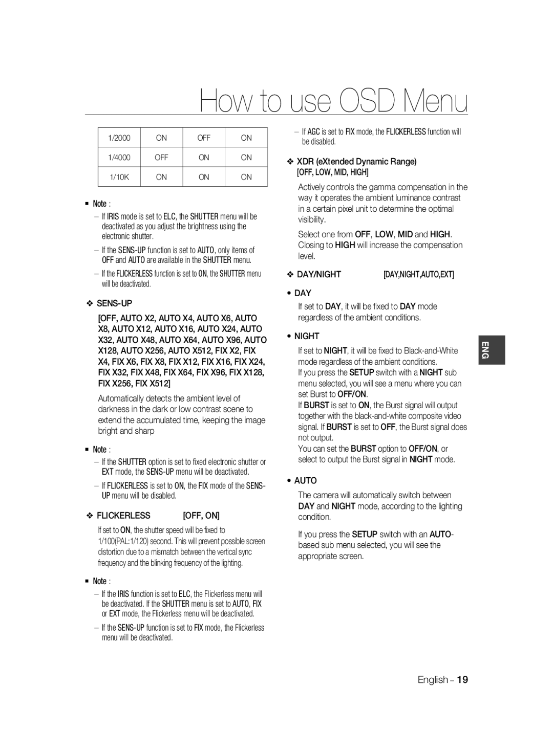 Samsung SCC-B2031BP, SCC-B2331P, SCC-B2331BP, SCC-B2031P/CDM, SCC-B2331N manual Sens-Up, Flickerless, Day, Night, Auto 