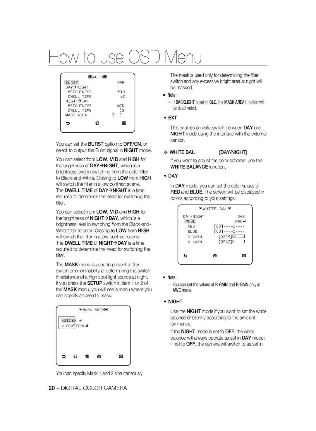 Samsung SCC-B2031P/CDM, SCC-B2331P, SCC-B2331BP, SCC-B2031BP Ext, White BAL, You can specify Mask 1 and 2 simultaneously 