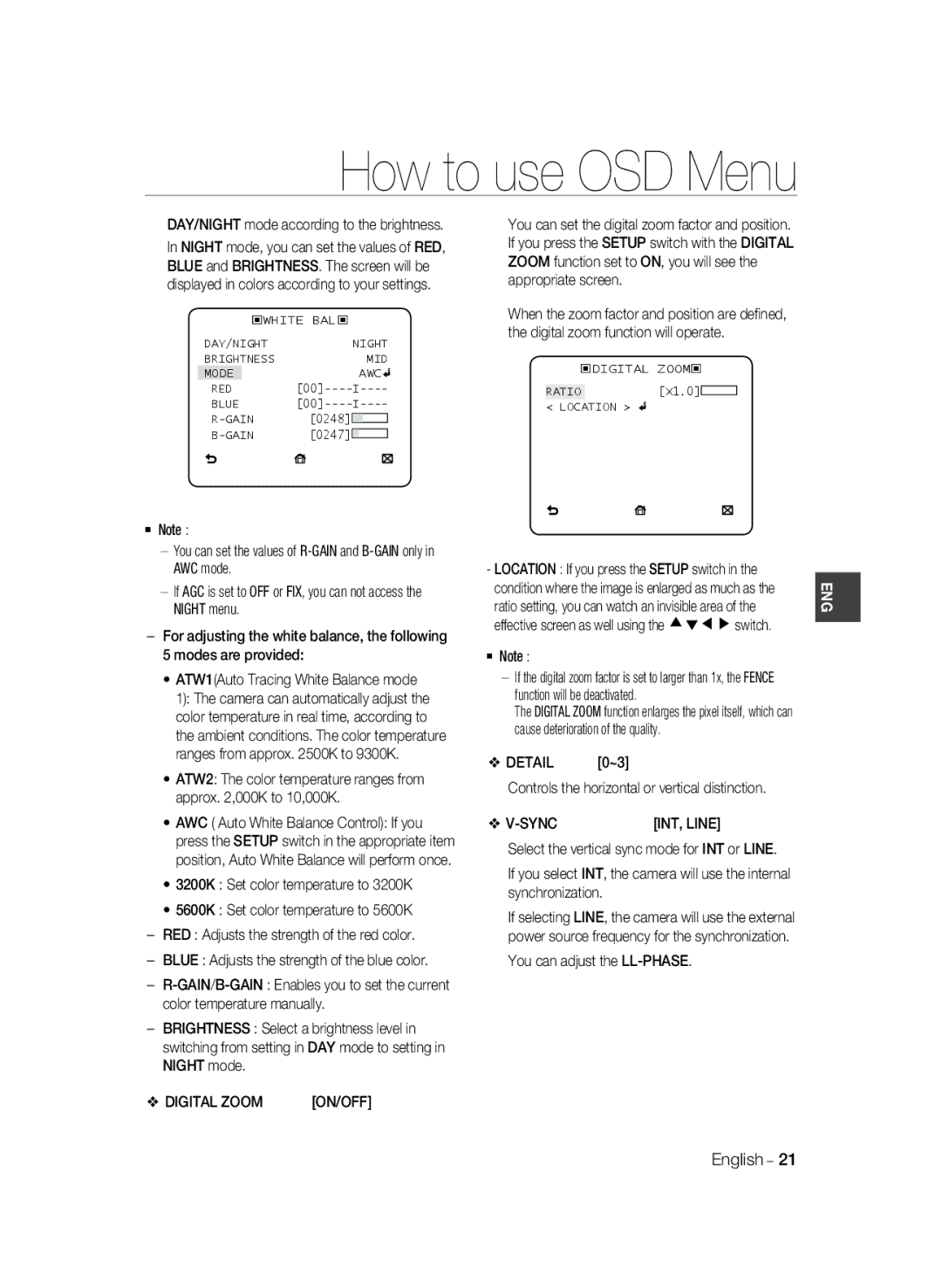 Samsung SCC-B2331N, SCC-B2031P, SCC-B2331P manual Modes are provided, Digital Zoom, You can adjust the LL-PHASE English 