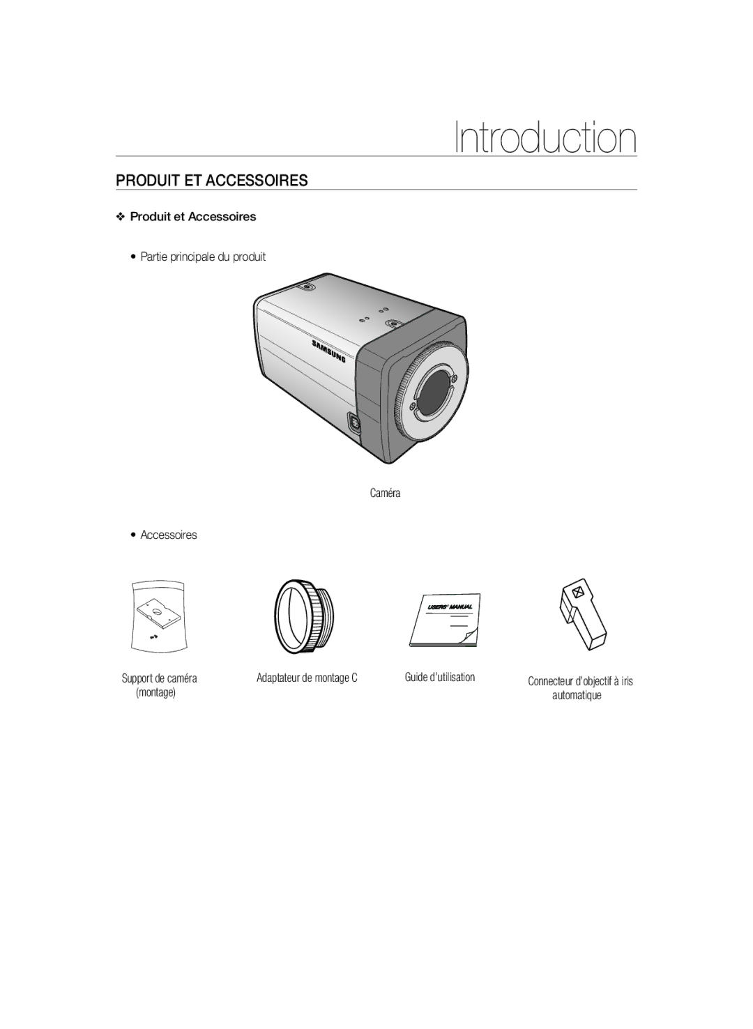 Samsung SCC-B2331N, SCC-B2031P, SCC-B2331P, SCC-B2331BP, SCC-B2031BP manual Produit ET Accessoires, Montage Automatique 