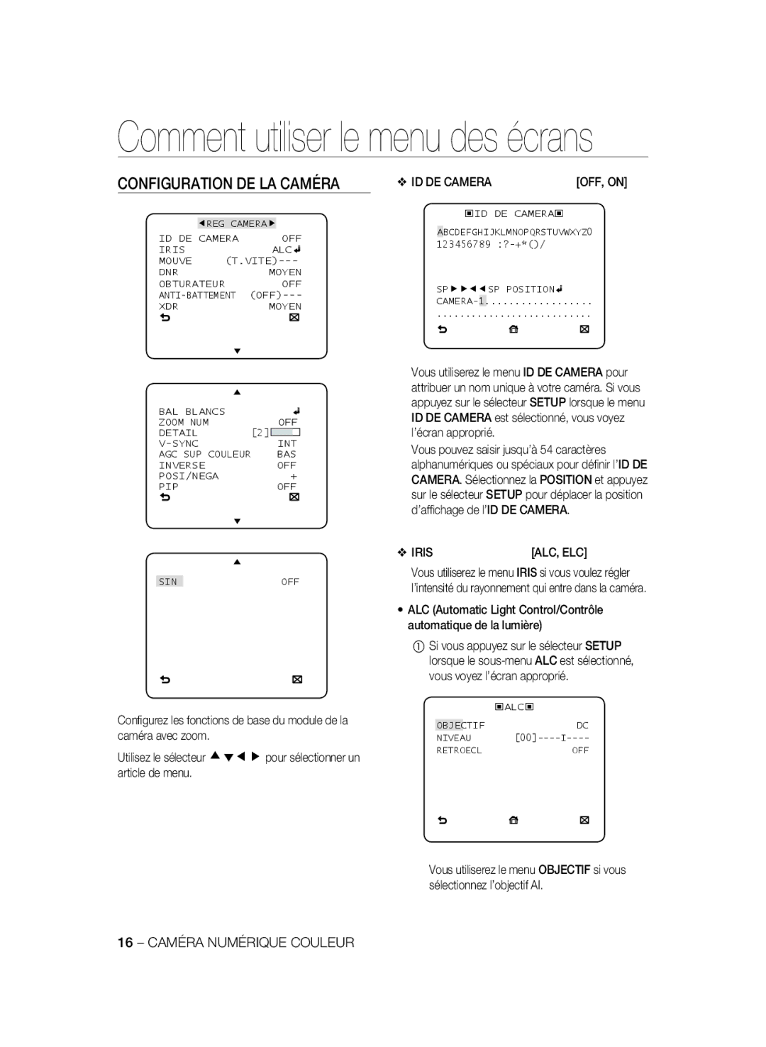 Samsung SCC-B2331P/CDM, SCC-B2331BP, SCC-B2031BP, SCC-B2031P/CDM manual Configuration DE LA Caméra, ID DE CAMERAOFF, on 