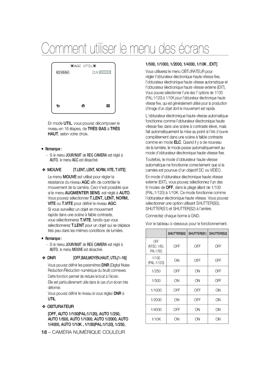 Samsung SCC-B2031P, SCC-B2331P Mouve, Obturateur, 500, 1/1000, 1/2000, 1/4000, 1/10K , EXT, Connectez chaque borne à GND 