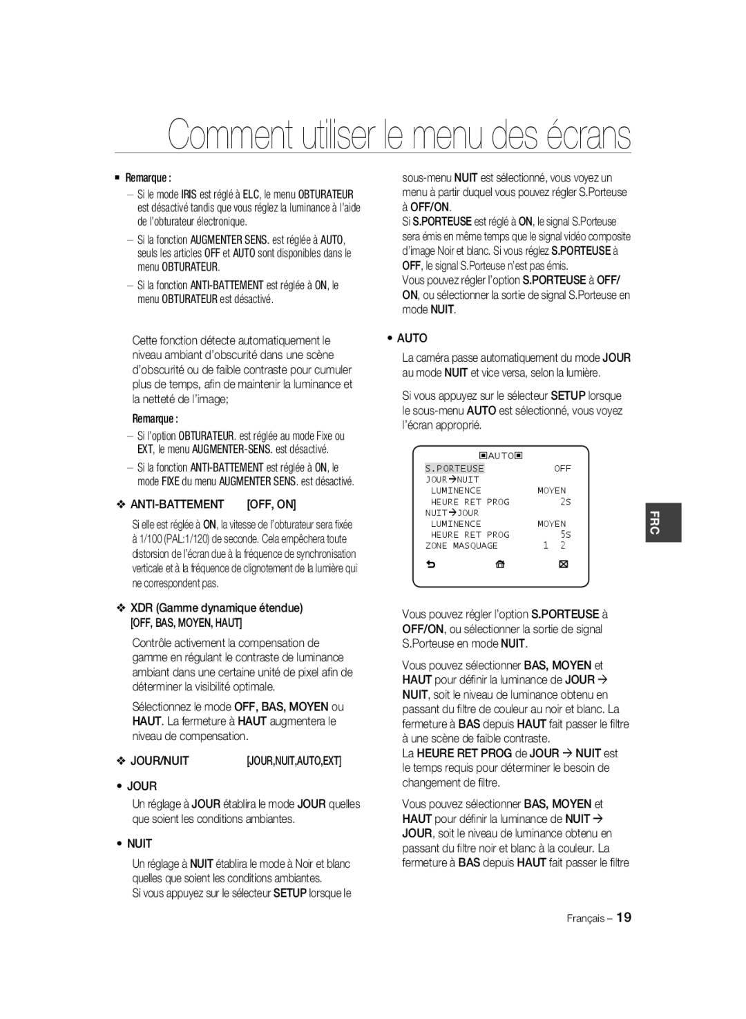 Samsung SCC-B2331P, SCC-B2031P manual Jour, Nuit, Off/On, Anti-Battement, Si vous appuyez sur le sélecteur Setup lorsque le 