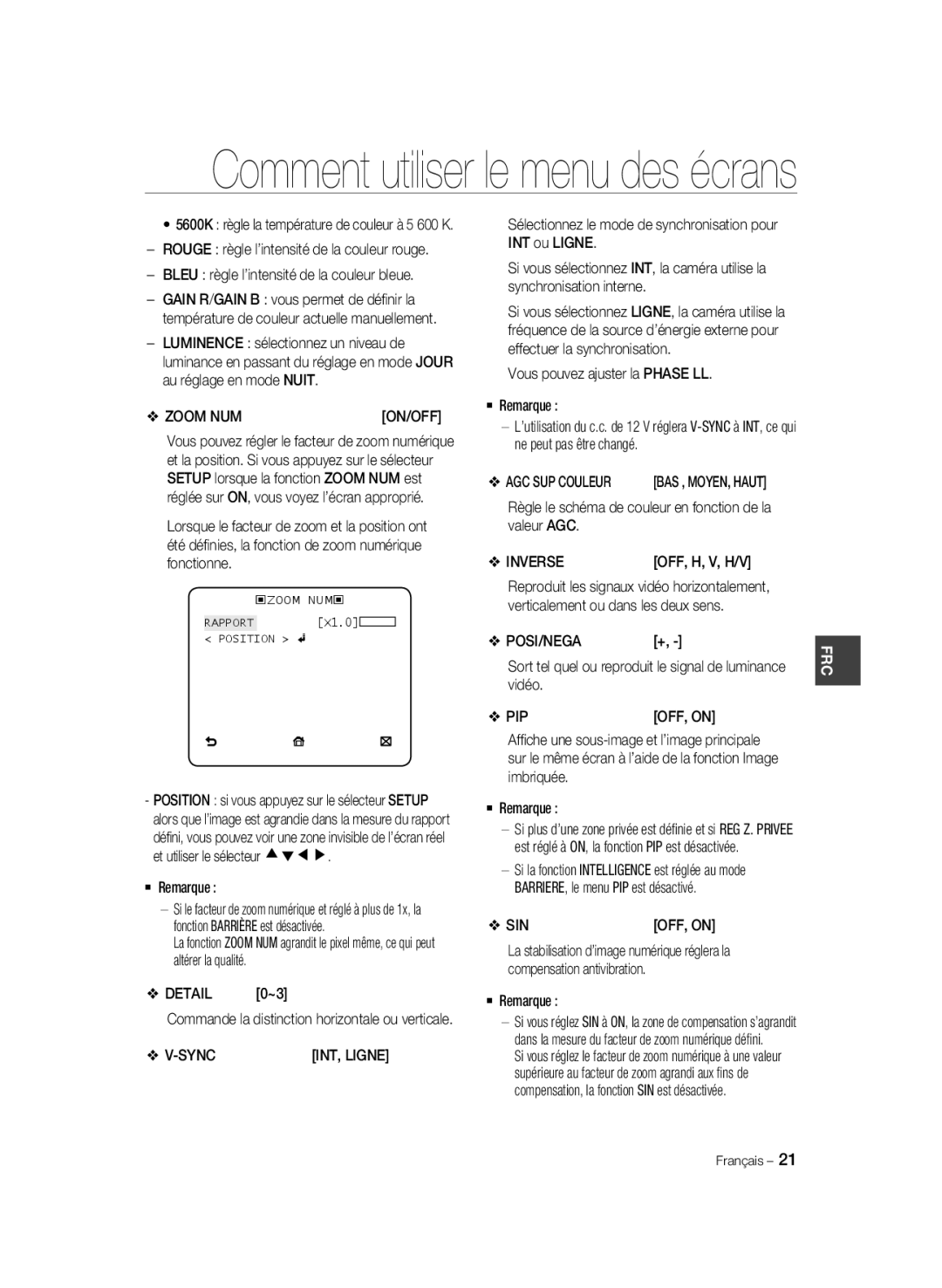 Samsung SCC-B2031BP, SCC-B2331BP, SCC-B2031P/CDM, SCC-B2331N, SCC-B2331P/CDM, SCC-B2031B/CDM Zoom NUM, Inverse, OFF, on 