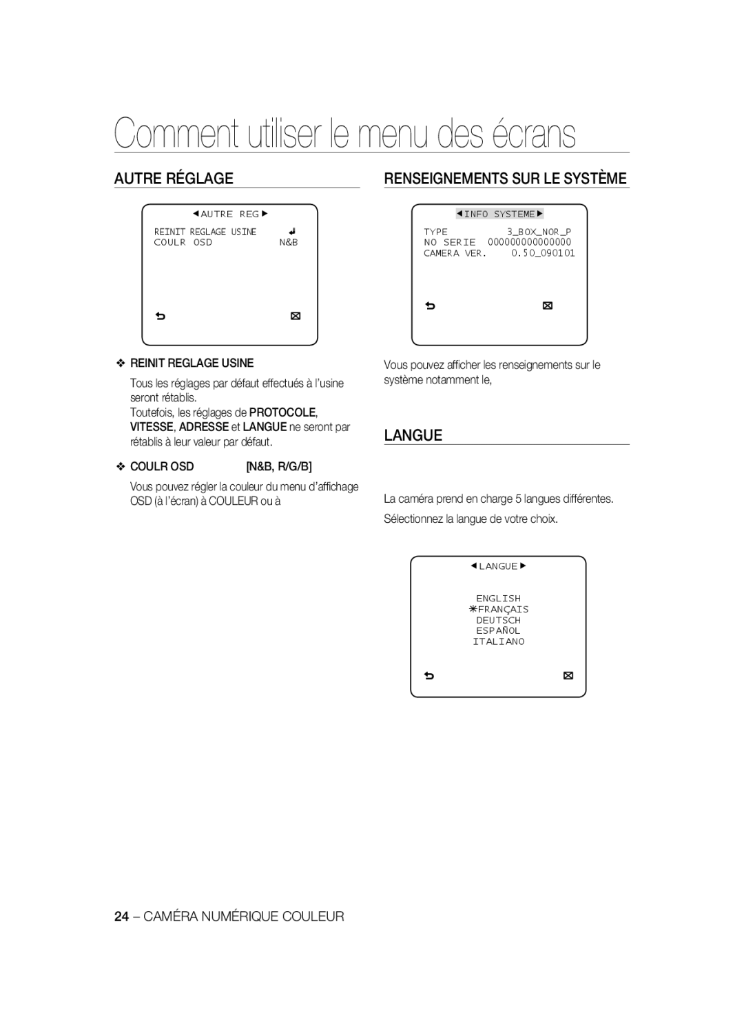 Samsung SCC-B2331P/CDM, SCC-B2031P Autre Réglage, Langue, Renseignements SUR LE Système, Reinit Reglage Usine, Coulr OSD 