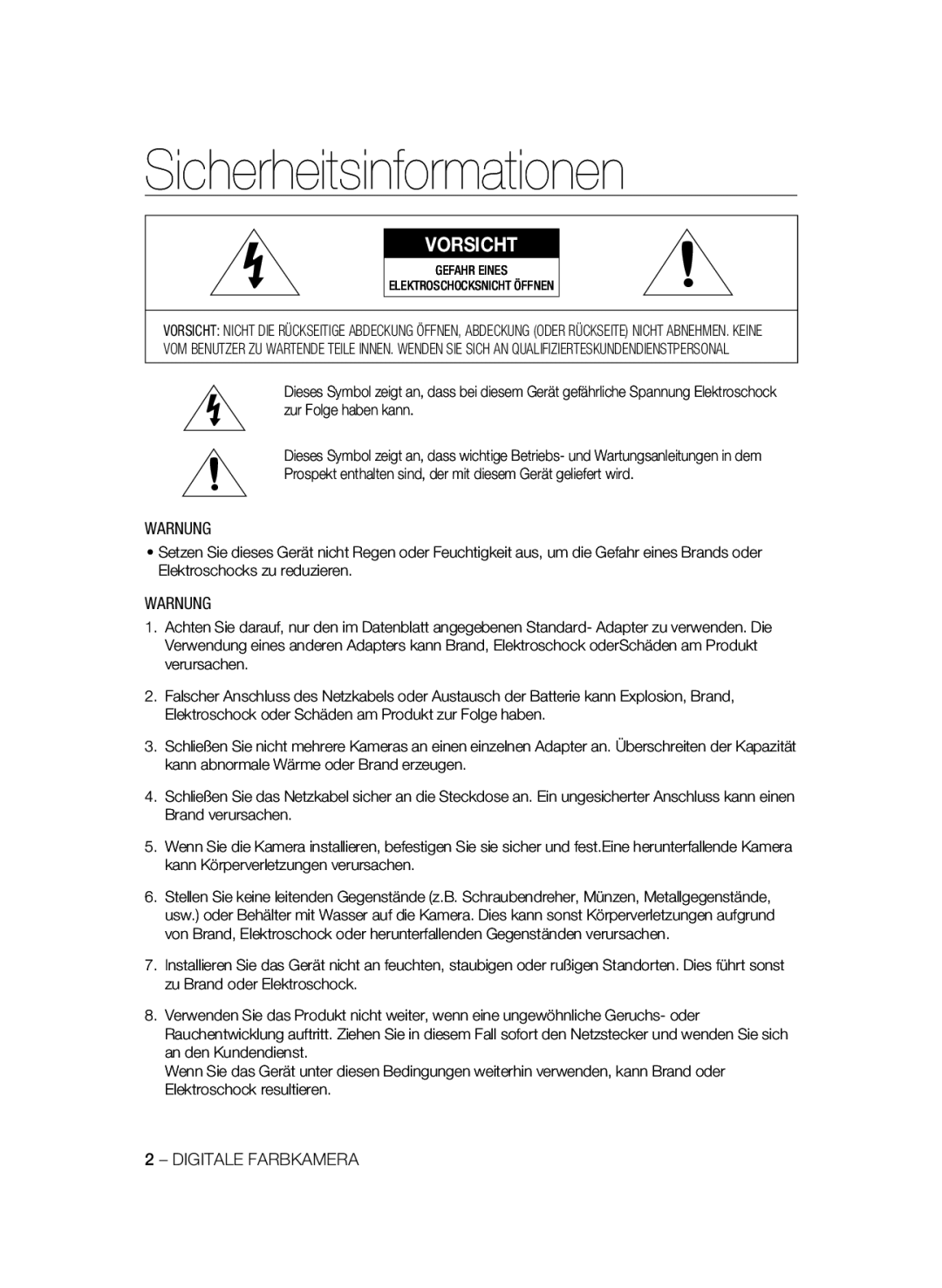 Samsung SCC-B2331P/CDM Sicherheitsinformationen, Warnung, Digitale Farbkamera, Gefahr Eines Elektroschocksnicht Öffnen 