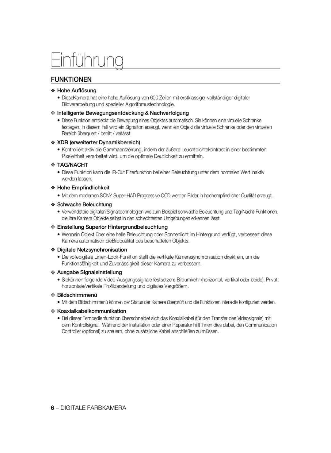 Samsung SCC-B2331BP, SCC-B2031BP, SCC-B2031P/CDM, SCC-B2331N, SCC-B2331P/CDM manual Einführung, Funktionen, Tag/Nacht 