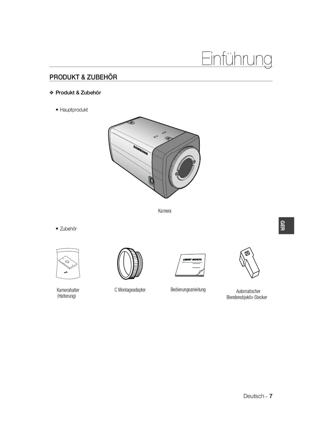 Samsung SCC-B2031BP Produkt & Zubehör Hauptprodukt Kamera, Kamerahalter Montageadapter Bedienungsanleitung, Halterung 