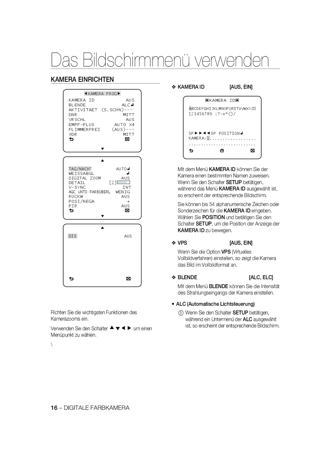 Samsung SCC-B2031P/CDM, SCC-B2331P, SCC-B2331BP Kamera Einrichten, Vps, Blende, ALC Automatische Lichtsteuerung, Kamera ID 